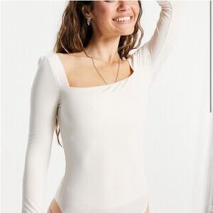 Topshop Bodysuit Long Sleeve Square Neck Stretch Tie Snap Women's Ivory 12